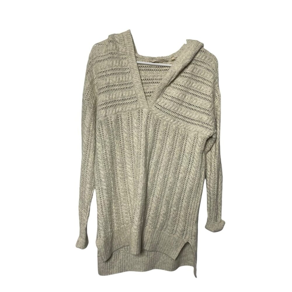 Soft Surroundings PM Open Cable Knit Cream Cozy Sweater Hooded Tunic Cotton Wool